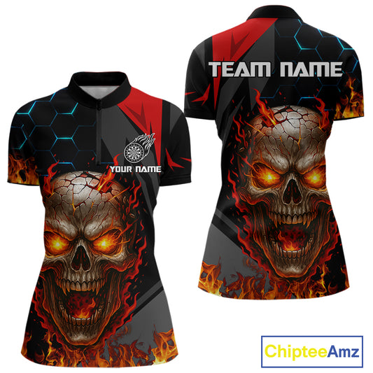 Flaming Skull Dartboard Red Black Darts Shirt For Women - Custom Name For Players NYN0556