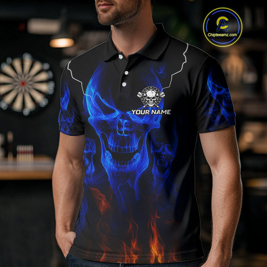 Custom Men's Darts Polo Jersey Flaming Blue Skull Dartboard For Darts Team NYN0773