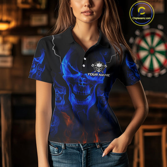 Custom Women's Darts Polo Jersey Flaming Blue Skull Dartboard For Darts Team NYN0773