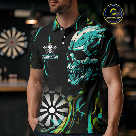 Turquoise Skull And Dartboard Custom Darts Polo Shirts For Men, Darts Jersey NYN0777