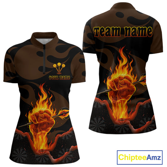Flaming Hand & Dart Arrow Darts Shirts For Women - Custom Name & Team | Opt1 - Red NYN0639