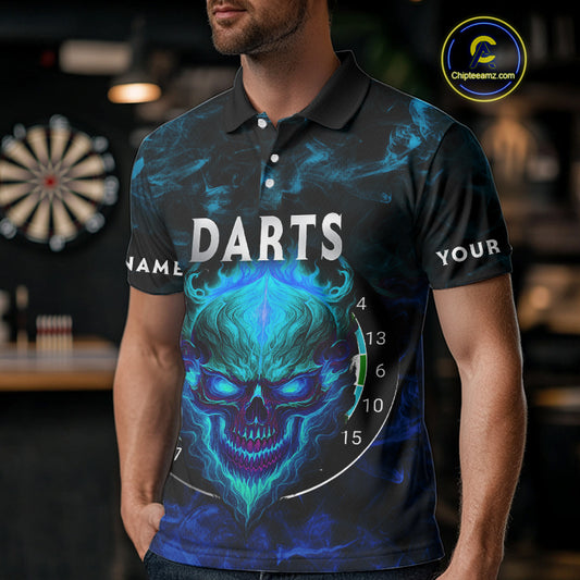 Flame Skull Dartboard Men's Darts Polo Shirt - Custom Name For Players NYN0746