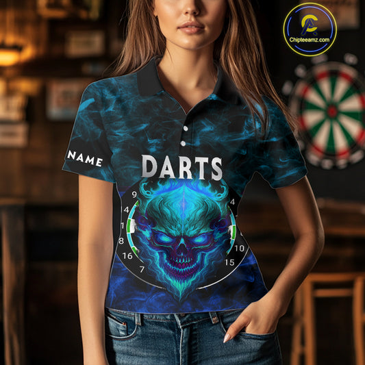 Flame Skull Dartboard Women's Darts Polo Shirt - Custom Name For Players NYN0746