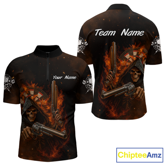 Flaming Grim Reaper Custom Name Darts Jersey For Men Skull Darts Shirt For Players NYN0447