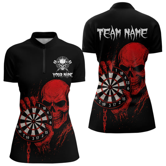 Custom Women's Darts Shirt With Blood Skull Holding Dartboard, Darts Jersey NYN0294