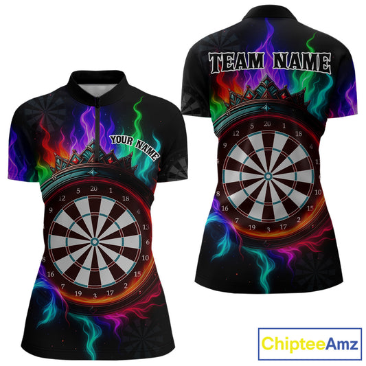 Multicolor Flaming & Red Dartboard Darts Shirt For Women - Custom Name & Team Jersey NYN0620