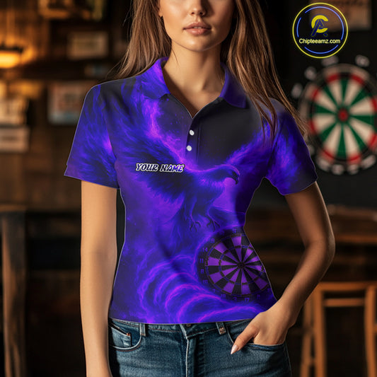 Women's Darts Polo Shirt Personalized Flaming Phoenix Dartboard Darts Jersey | Purple NYN1026