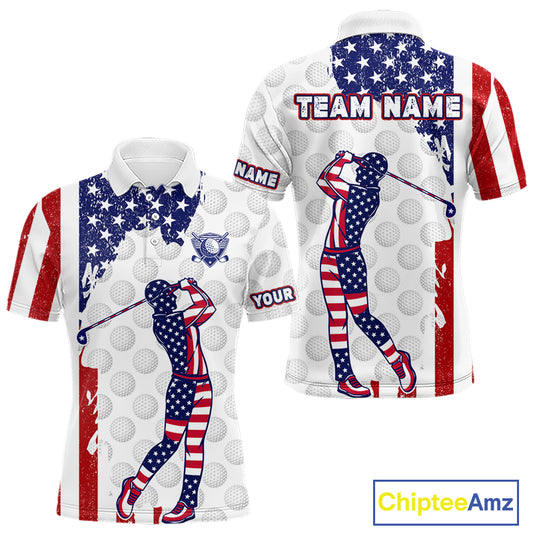Custom Patriotic Golf Polo Shirts, Grunge US Flag Golf Ball White Men Best Golf Clothing Shirts NYN2991
