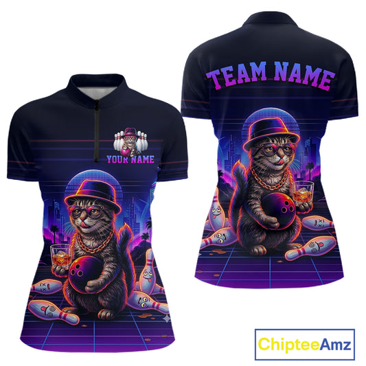 Whisky Cat Funny Bowling Shirt For Women Custom Neon Bowling Polo Quarter Zip Jersey