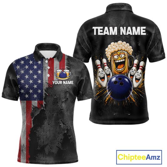 American Flag Grunge Patriotic Bowling Shirt For Men Custom Funny Beer Bowling Tournament Jersey NYN3748