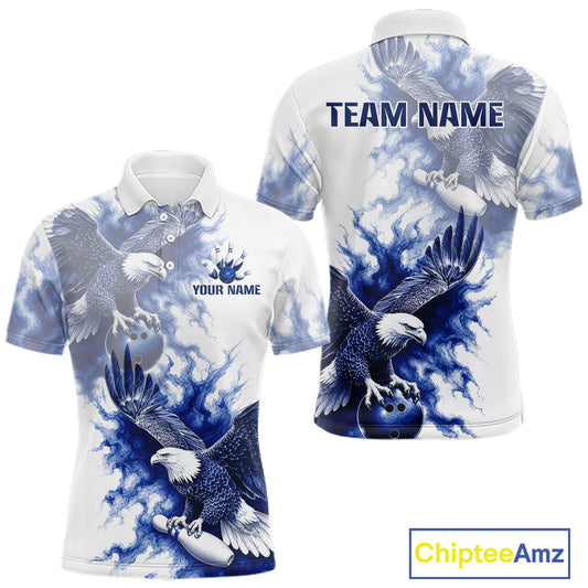 Blue & White Eagle Bowling Polo with personalized team graphics, soaring eagle artwork, moisture-wicking performance fabric, patriotic bowling apparel, veteran-inspired sportswear.