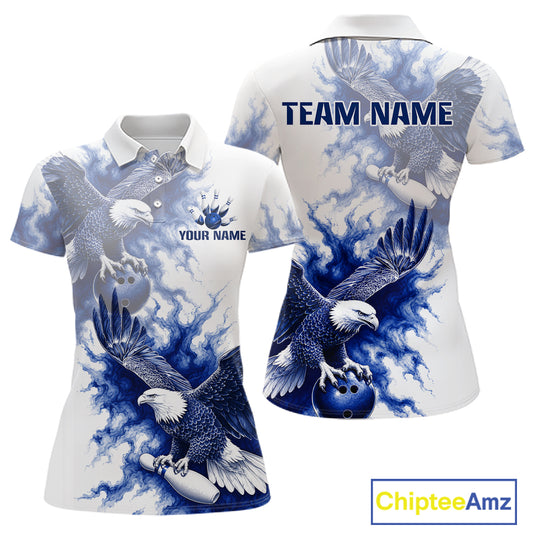 Custom Blue & White Eagle Bowling Polo featuring majestic eagle artwork, personalized bowling team name, breathable performance polo, patriotic sportswear, bowling league uniform, freedom symbolism, American pride apparel, eagle lover gift.