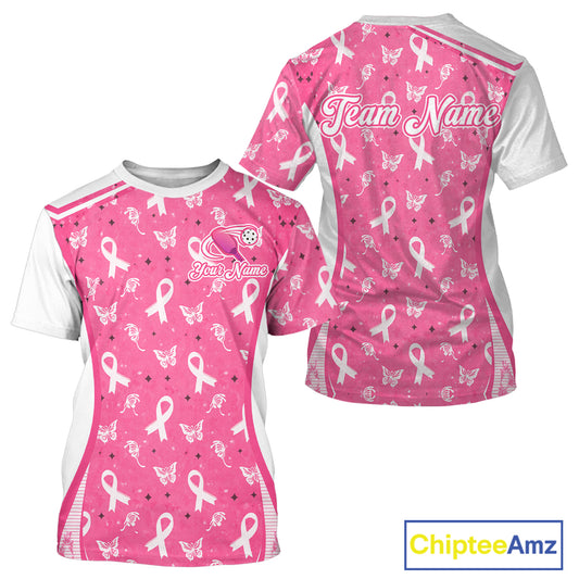 Custom Pink Ribbon Pickleball T-Shirts For Men Butterfly Breast Cancer Awareness Pickleball Outfits NYN3860