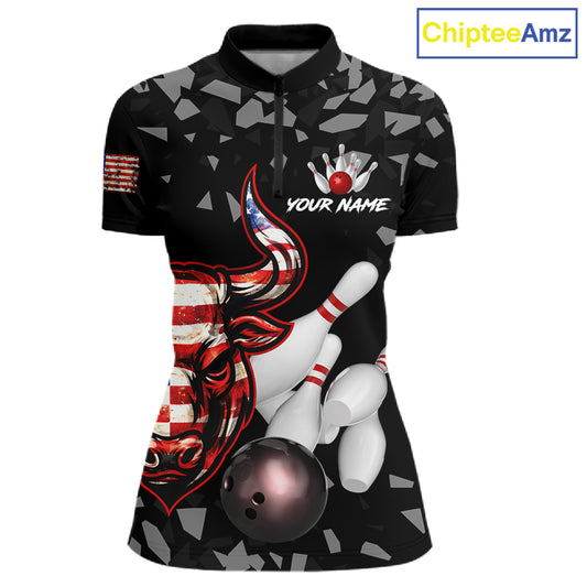 Funny US Flag Bull Grunge Bowling Polo & 1/4 Zip Shirts For Women Custom Team Bowling Jerseys NYN3130
