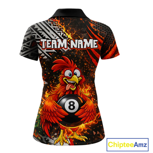 Funny Rooster Plays Pool 8 Ball 3D Billiard Shirt For Women Custom Grunge Flame Billiard Team Attire NYN2566