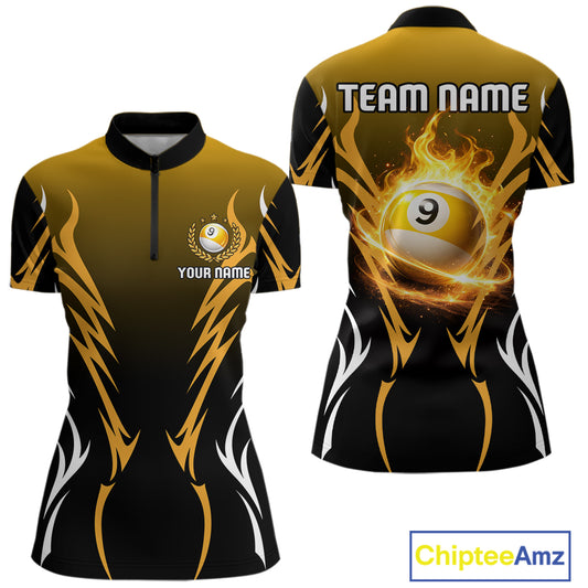 Custom Yellow Flames 8 Ball Women's Billiard Shirts Personalized Billiard Cue Attire Gifts NYN2339