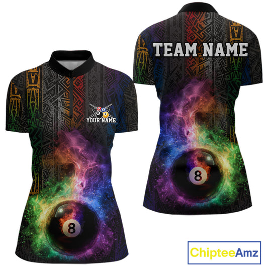 Tribal Colorful Smoke 8 Ball Pool Team Shirt Custom Women Billiards Balls Polo & 1/4-Zip Attire NYN2398