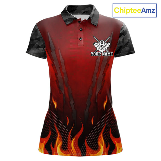 Personalized 8 Ball Red Flames Pool Billiard Polo & 1/4 Zip For Women Custom Camo Billiard Team Jerseys NYN3011