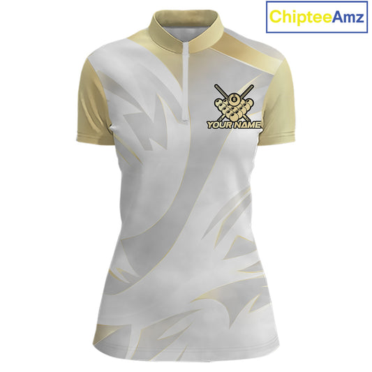 Personalized White And Gold Crown 8 Ball Pool Billiard Polo & 1/4 Zip For Women, Billiard Team Attire NYN3014