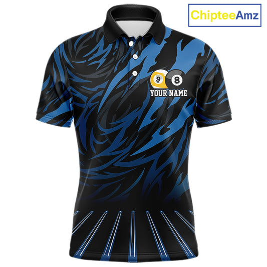Funny 8 Ball & 9 Ball Billiard Polo & 1/4 Zip For Men Custom Pool Cue Pattern Billiard Jerseys |Blue NYN3018