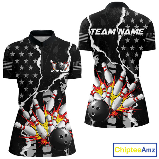 Grunge Black US Flag Strike Bowling Ball & Pins Shirts For Women Custom Patriot Bowling Team Outfits NYN3186