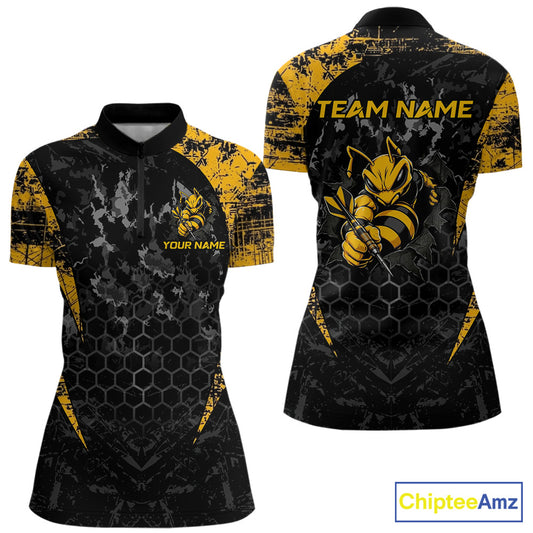 Grunge Black And Yellow Funny Bee Women Dart Polo & 1/4-Zip Shirt Custom Dart Team Jerseys NYN3211