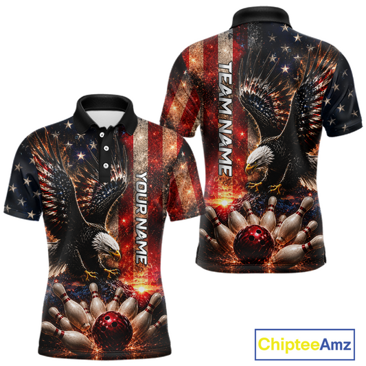 Man wearing Customized Thunder US Flag Eagle Bowling Polo Shirt featuring patriotic eagle artwork, personalized bowling team jersey, breathable athletic polo, custom bowling apparel, league uniform, USA flag sports shirt, veteran-inspired bowling clothing, Independence Day bowling outfit.