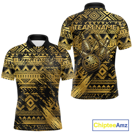 Custom Grunge Gold Tribal Bowling Polo with Polynesian tribal artwork, personalized bowling team graphics, breathable performance polo, custom bowling tournament jersey, Hawaiian tribal sportswear, strength and leadership symbolism, athletic apparel.