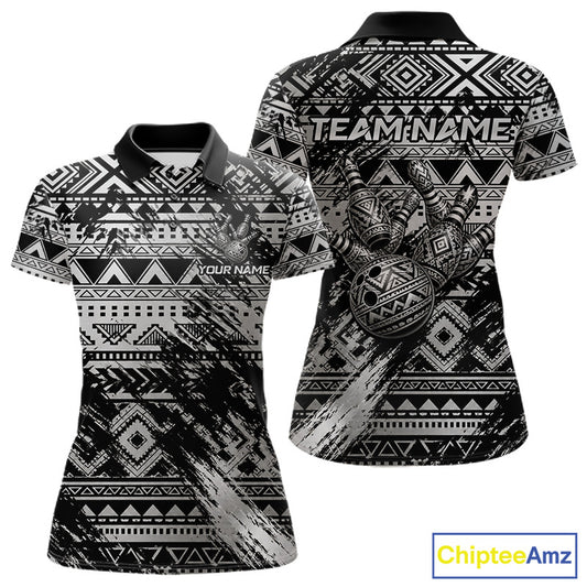 Custom Grunge Silver Tribal Bowling Polo featuring intricate Polynesian tribal graphics, personalized bowling team name, breathable quick-dry fabric, custom bowling league polo, tournament sportswear, tribal culture symbolism, athletic performance apparel.