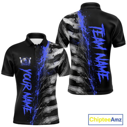Blue Splatter Grey Bone Men's Bowling Polo Shirt, Personalized Skeleton Bowling Jersey, Athletic Tournament Apparel, Bowling Team Performance Shirt