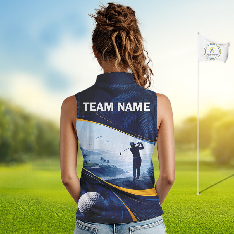 Female golfer wearing tropical palm trees golf polo shirt, ocean golf apparel, summer golf outfit, personalized golf clothing