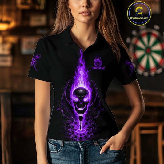 Skeleton Fire Flame Dartboard Custom Women Polo Dart Shirt Purple Skull Dart Jerseys NYN1770