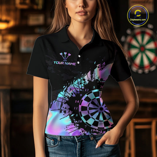 Purple Holographic Dartboard Grunge Dart Polo Shirts For Women Custom Name For Darters NYN2282