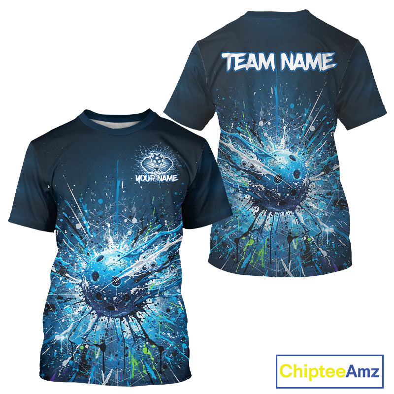 Custom Blue Splatter Pickleball Ball T-Shirt Men Multi-Color Pickleball Team Jerseys NYN1870
