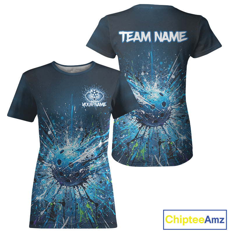 Custom Blue Splatter Pickleball Ball T-Shirt Women Multi-Color Pickleball Team Jerseys NYN1870