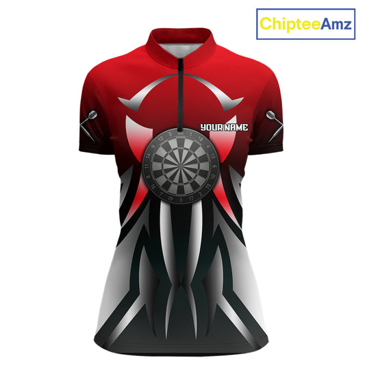 Red And Gradient Silver Darts Polo & 1/4-Zip Shirt For Women Custom Name Dart Jersey For Darters NYN3003
