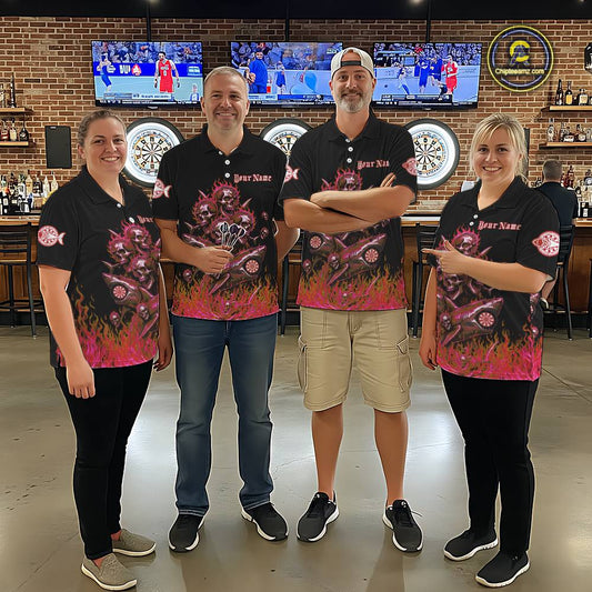 Custom Red Flames Shark And Skull 3D Men Darts Quarter-Zip League Shirts Funny Dart Jerseys NYN2204