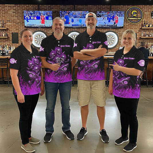 Custom Purple Flames Shark And Skull 3D Men Darts Quarter-Zip League Shirts Funny Dart Jerseys NYN2205