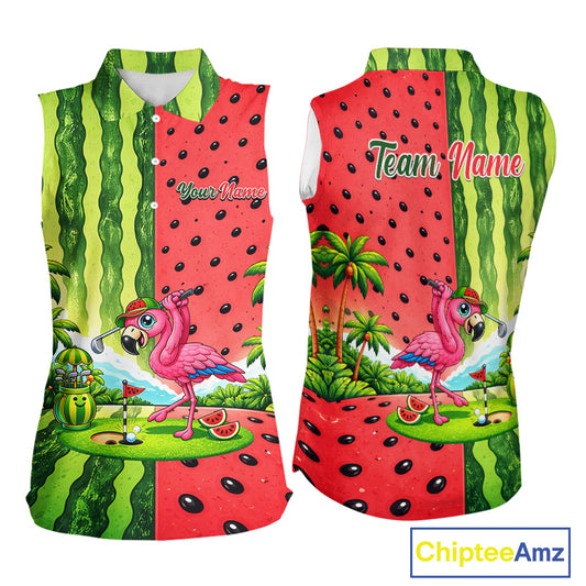Flamingo Watermelon Sleeveless Polo Shirt Womens Golf Polo Shirts Custom Tropical Flamingo Golf Shirts NYN2878