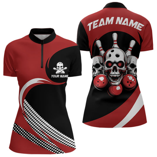 Custom Red Skull Bowling Shirt Quarter-Zip Bowling Jersey for Men Women Bowling Outfit QZT671