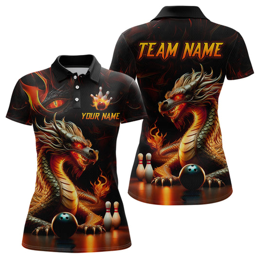 Orange & Black Flame Dragon Bowling Ball Pins Custom Bowling Polo Shirt Bowling Team Jersey QZT667