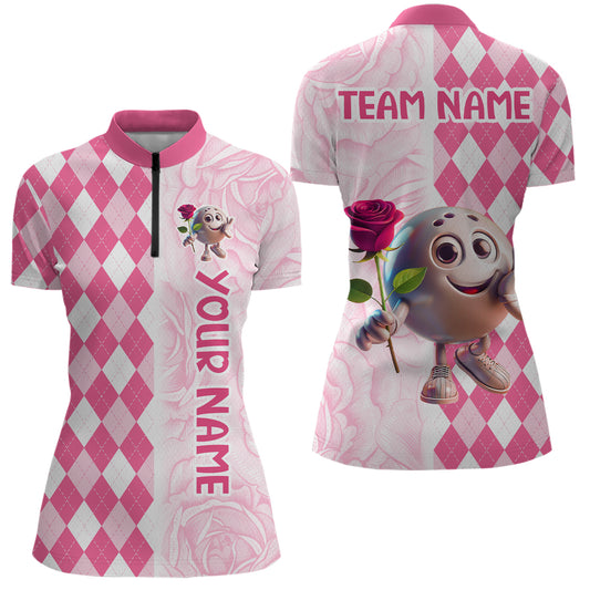 Personalized Rose Bowling Team Jersey Quarter-Zip Bowling Shirt for Couples QZT611
