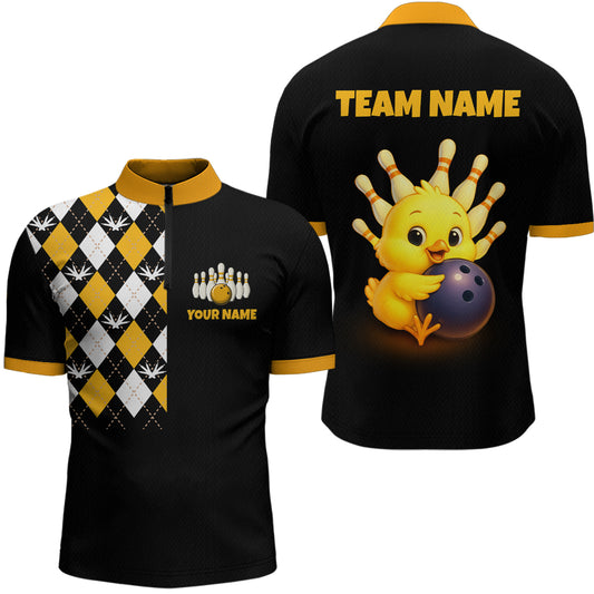 Black bowling team jersey with yellow and white design on front, and cartoon character holding a bowling ball on back.