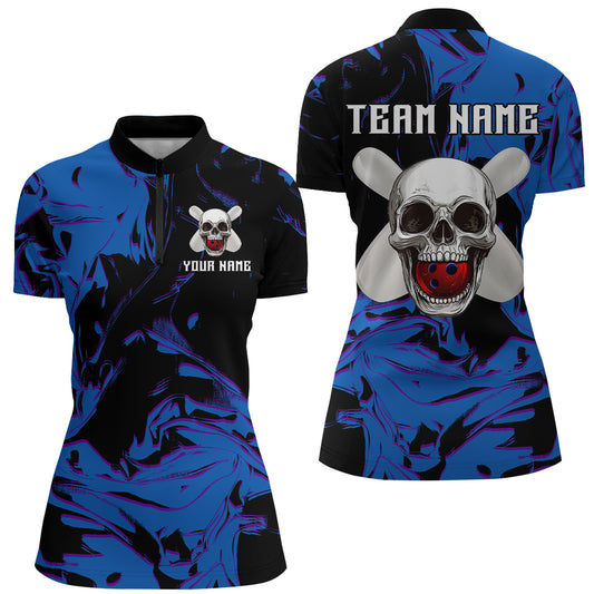 Skull Bowling 1/4 Zip Shirt Men & Women Custom Blue Bowling Team Jersey QZT563