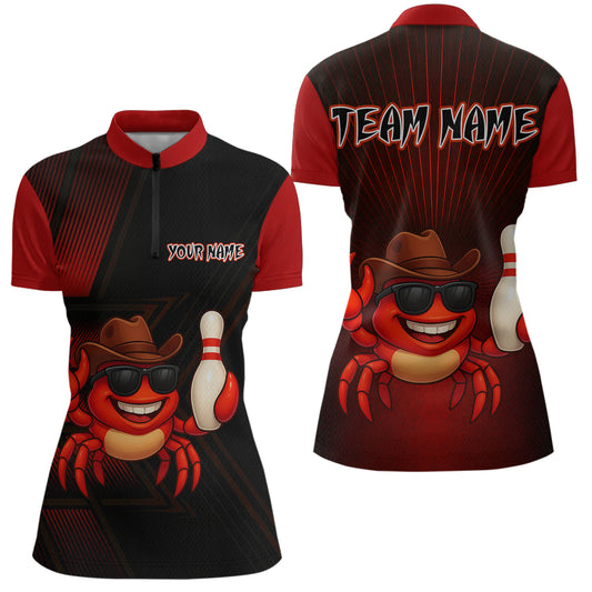 Custom Red Funny Crab Bowling Team Shirt Women Bowling Jersey Outfit Polo & 1/4-Zip Bowler Gift QZT757