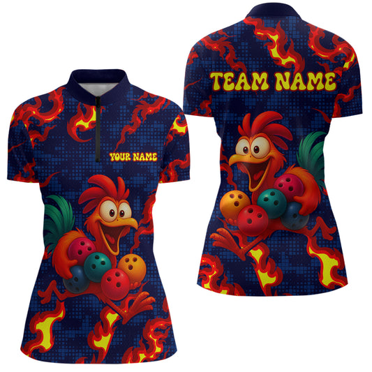 Custom Red Flame Funny Chicken for Women Bowling Team Jersey Bowling League Shirt Polo & 1/4-Zip QZT762
