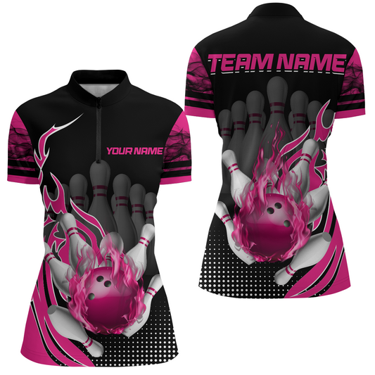 Personalized Flame Bowling Shirts Women Bowling Team League 1/4 Zip Bowling QZT410