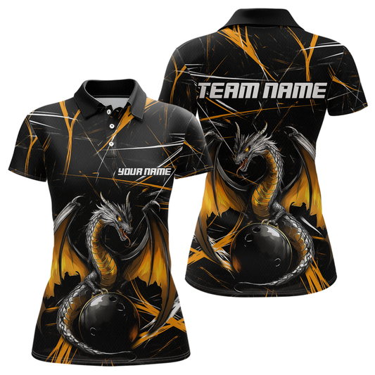 Black & Gold Dragon Bowling Shirt Custom Polo Bowling Jersey for Men Women QZT682
