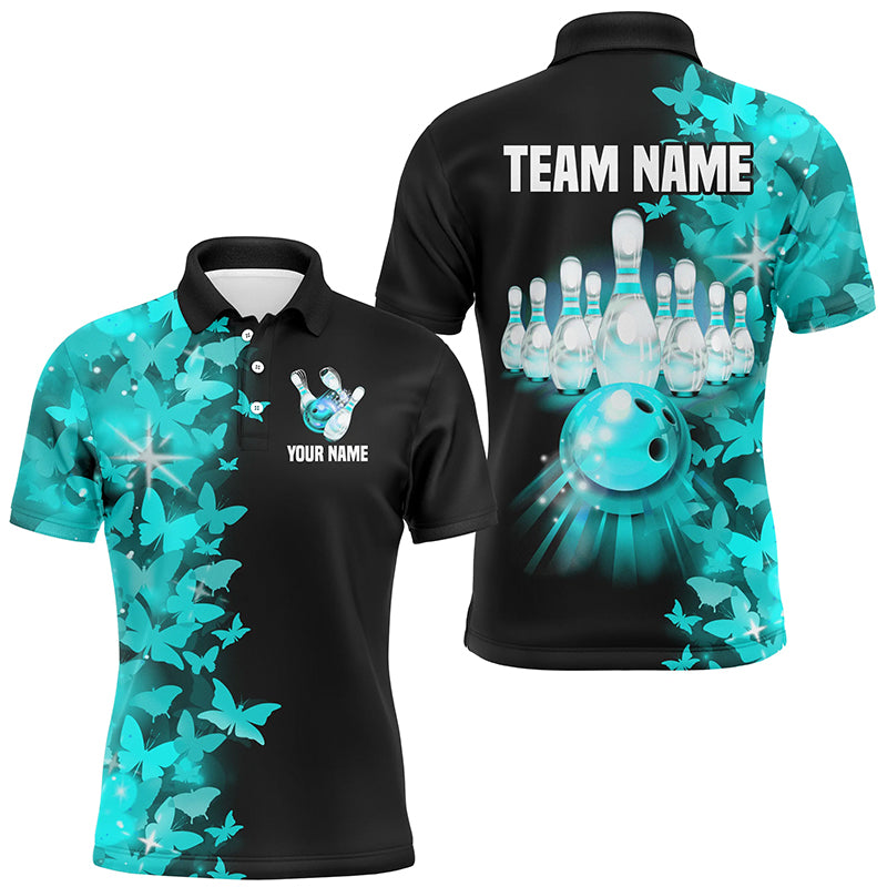 Turquoise Butterfly Bowling Polo Shirts For Men Women Custom Bowling Jersey Team BDT505