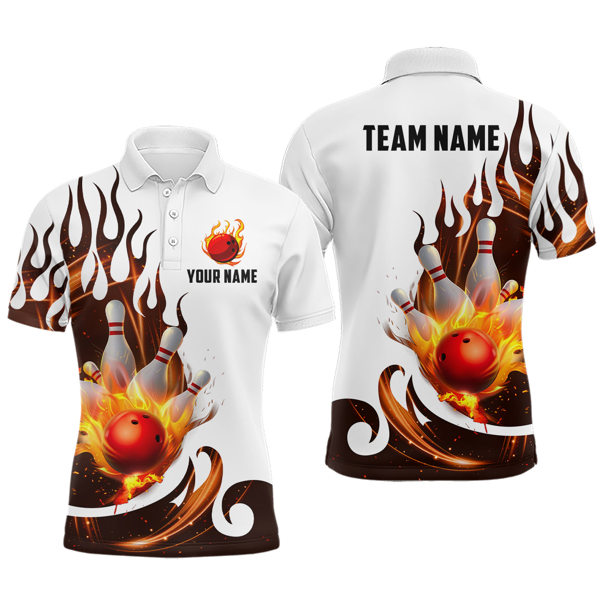 White&Orange Bowling Shirts For Men & Women Custom Flame Bowling Team Jersey Polo BDT537